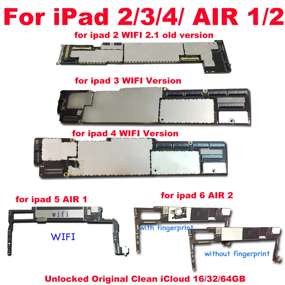 

for ipad 2 3 4 5 Air1 Air 2 air1 air2 A1395 A1416 A1458 16GB 32GB 64GB motherboard Wifi Version NO ID Account logic main boards