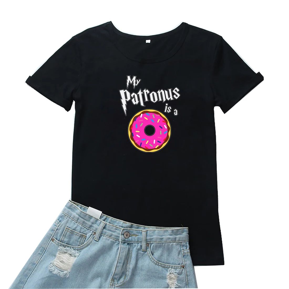 

My Patronus Is A Donuts T Shirt Women Kawaii Graphic Tee Shirt Femme Loose Harajuku O-neck Tshirt Women Aesthetic Black Tops