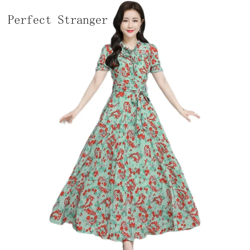 

High Quality 2021 Summer Dress For Women Bow Collar Floral Printed Short Sleeve Women Chiffon Long Dress Plus Size