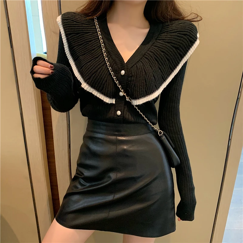 

Autumn Korean Style Crop Top Knitted Cardigans V-neck Fashion Brand Sweater Women Ruffles Long Sleeve Ladies Tops Ulzzang New