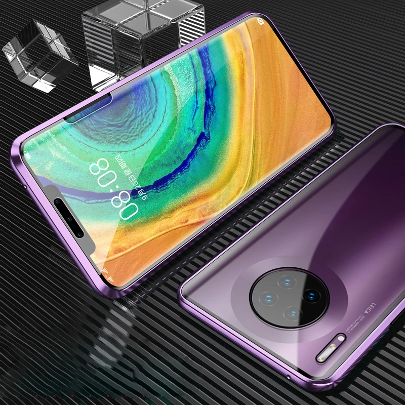 360 магнитный металлический бампер чехол для телефона huawei mate 10 20 30 Pro P30 P20 Pro Lite y9 Чехол двусторонний закаленное стекло - Цвет: Purple