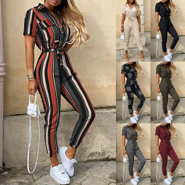 

2021 department of Europe and the United States women's leisure trousers lapel printing belt buckle tooling jumpsuits