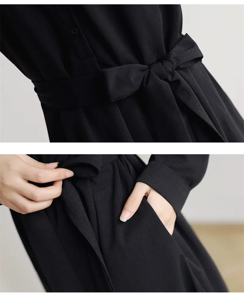 

vintage Waist Black Long Sleeve Chiffon Dress 2020 Spring Summer new style loose Large Size Women's Shirt Dress b160