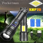 Суперъяркий яркий светодиодный фонарик XHP70 + COB, USB-зарядка, водонепроницаемая портативная лампа для длительного использования, аккумуляторная батарея 1*266501*18650
