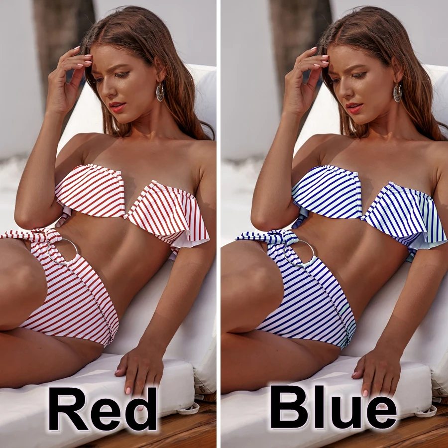 Купальник бикини в полоску с оборками и высокой талией|Комбинезоны| |