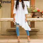Летние блузки VONDA 2022, Женские однотонные Асимметричные рубашки с отложным воротником и топы, стильные блузы, женские вечерние блузки