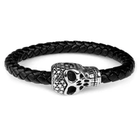 skull skeleton head braided leather bracelet stainless steel magnetic clasp charm punk style bangles gifts for men