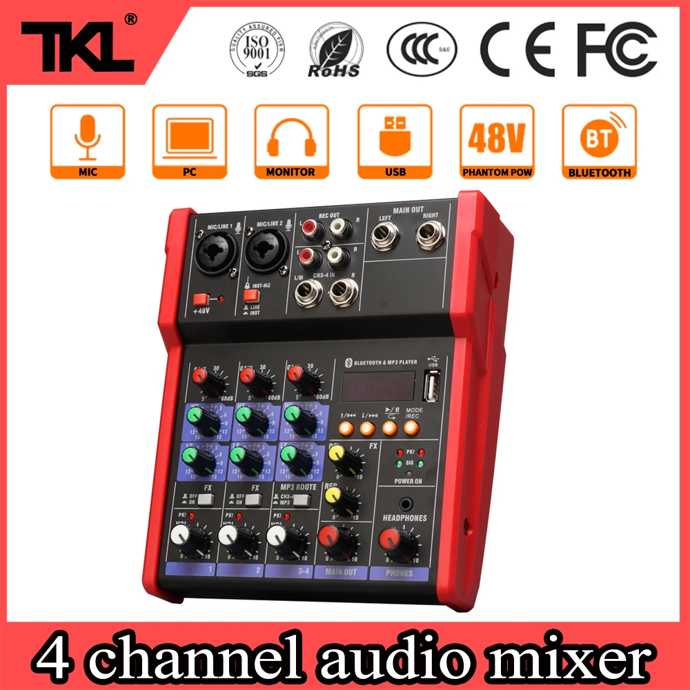 TKL Мини Bluetooth аудио миксер 4 канальный DJ звуковая консоль MP3 usb Jack 48V Phantom
