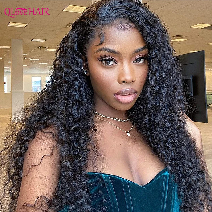 

Qlove Hair Peruvian Deep Wave Wig 13X4 Lace Front Human Hair Wigs Pre Plucked Glueless Remy Hair 4X4 Lace Closure Curly Wig
