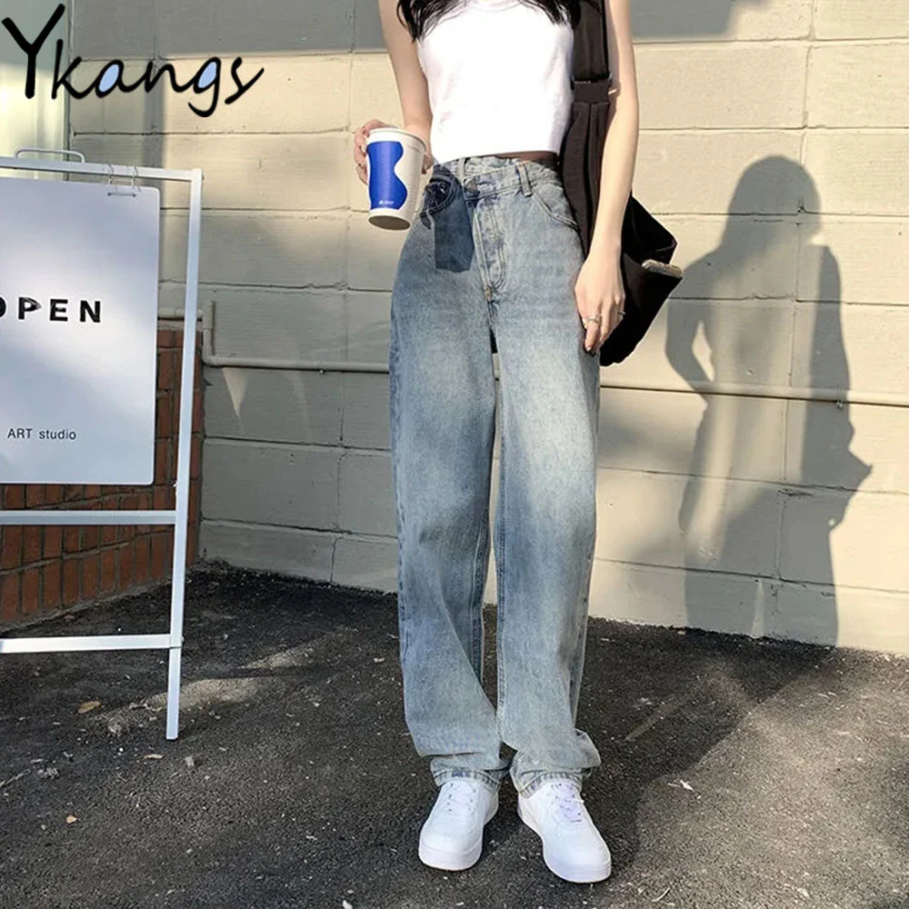 

Irregular Tilt Button Desigual High Waist Wide Leg Jeans Loose Women Korean Harajuku Streetwear Denim Pants Solid Color Trousers