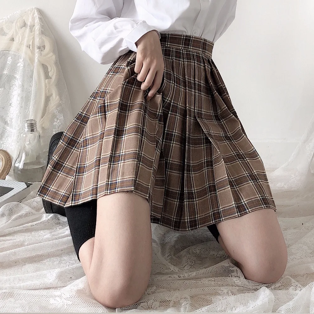 

Japanese Preppy Style Orthodox Pleated Skirt School Student JK Uniform Short Skirts Grid Hight Waist Women's Pocket Bust skirt