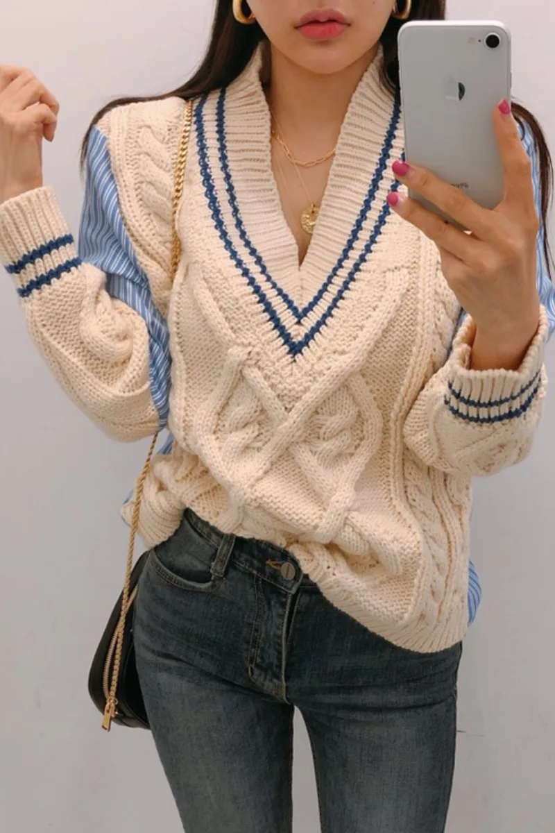 

Spot South Korea stripe splicing bump color linen shirts pattern big v-neck joker loose sweater knit a female