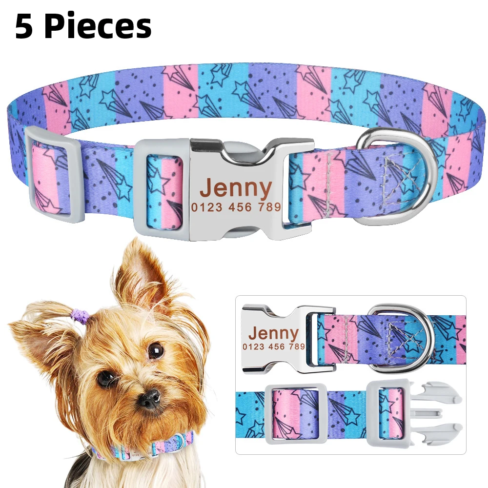 

AiruiDog 5 Pieces Pet Personalized Dog Collar Floral Free Engraved Puppy Name Small Medium Large Dog Accessories Collars