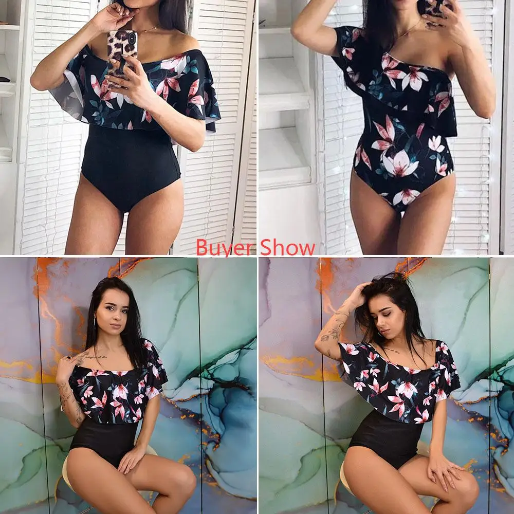 

New Sexy Off The Shoulder Solid Swimwear Women One Piece Swimsuit Female Bathing Suit Ruffle Monokini Swim Wear 2020