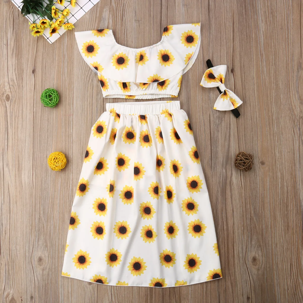 

Baby Girl Clothes Children Baby Girls Sunflower Clothes Sets Off Shoulder Crop Tops Skirted Shorts Headband 3PCS Outfits 0-5Y