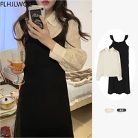 2021 spring fenimine vestidos women fashion japanese korea chic black ruffled sleeveless retro vintage shirt dress