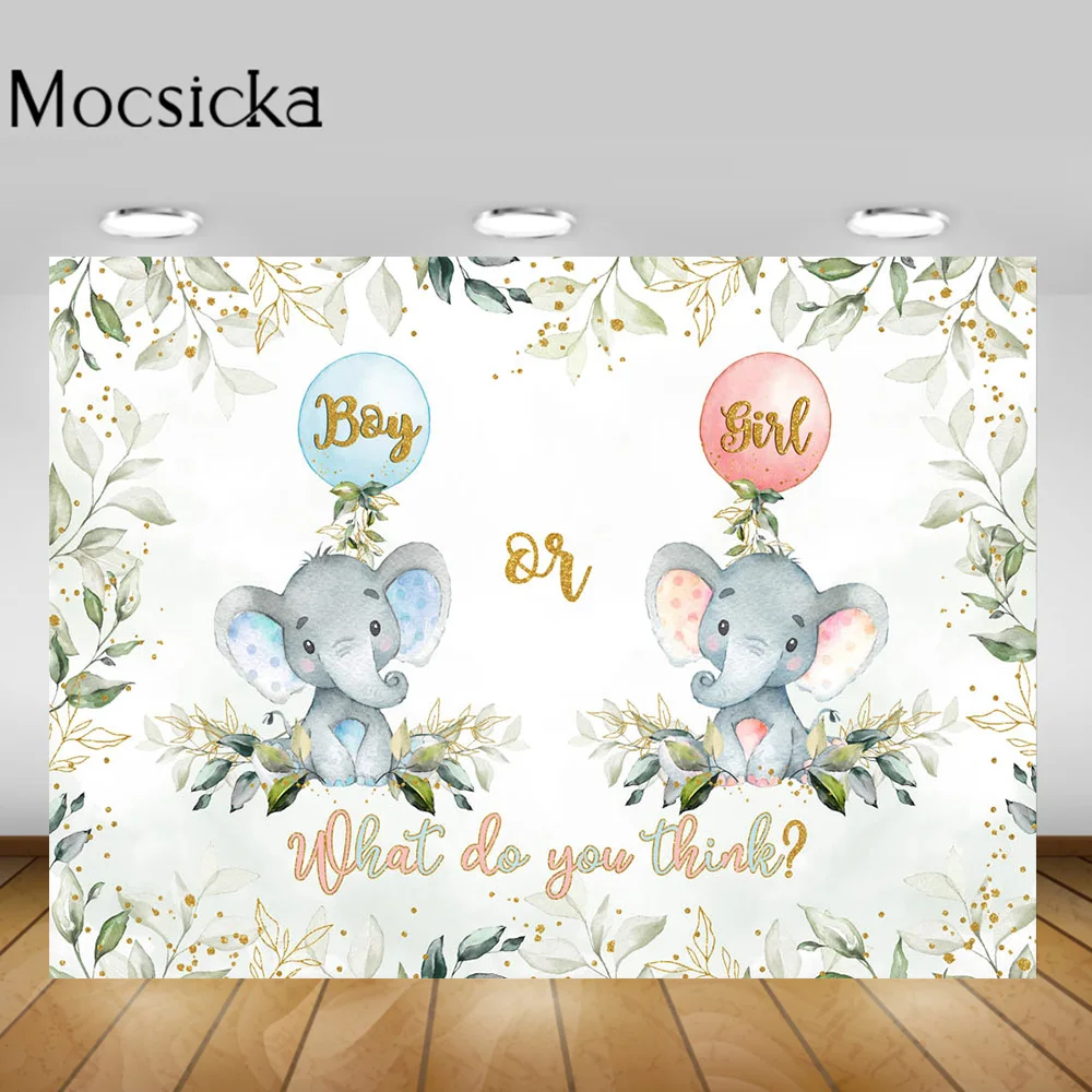 

Mocsicka Boy or Girl Backdrop Newborn Baby Shower Gender Reveal Party Photography Background Leaves Elephant Blue Pink Photocall
