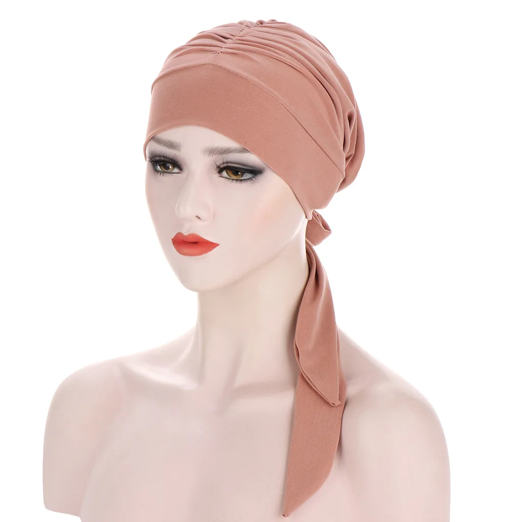 

Helisopus New Muslim Women Inner Hijabs Solid Long Tail Bow Head Scarf 7 Colors Chemo Cancer Turban Mujer Ready To Wear Turbante