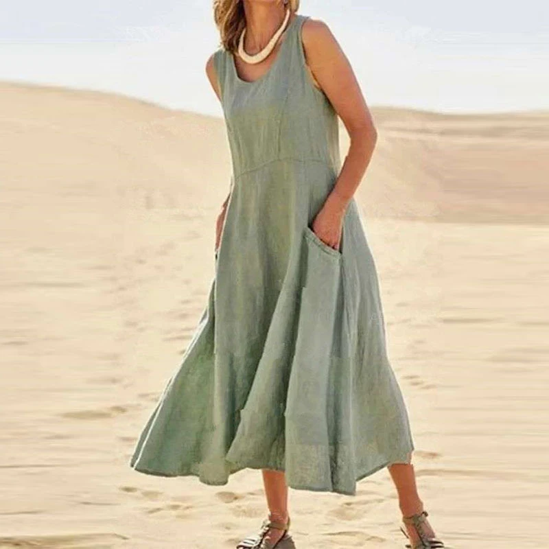 

Casual Cotton And linen Summer Dress O Neck Sleeveless Pocket Solid A-line Dress Women Fall Elegant Beach Long Dresses Plus Size