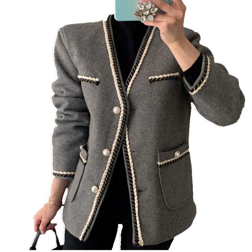 

Женская шерстяная куртка с V-образным вырезом, на осень/зиму