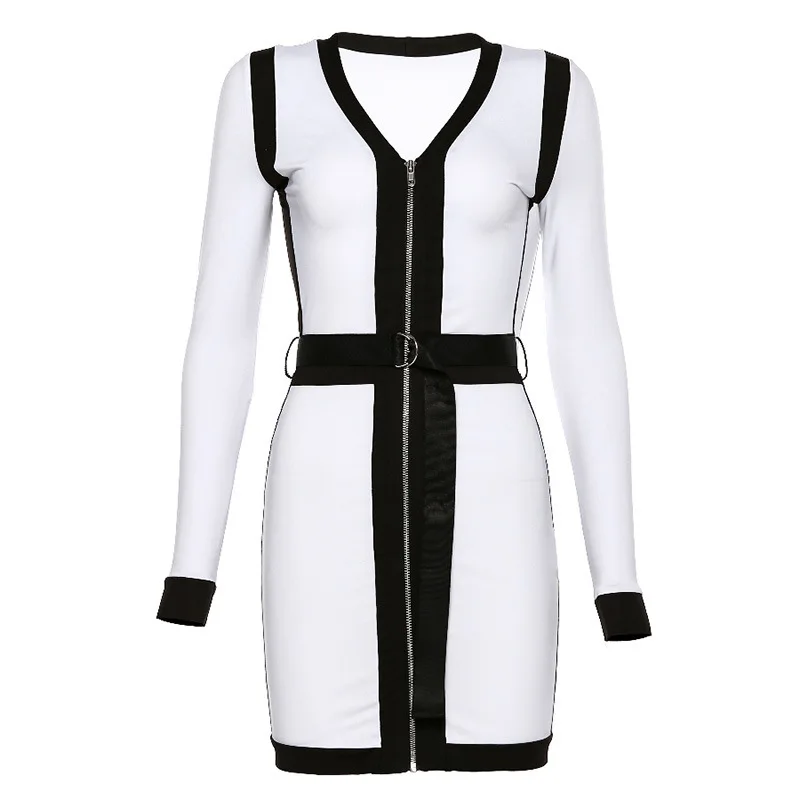 

Uguest Spring Women Sexy Bodycon Dress Sheath Patchwork Zippers Sashes Empire Party Office Lady Black White Autumn Mini Dresses