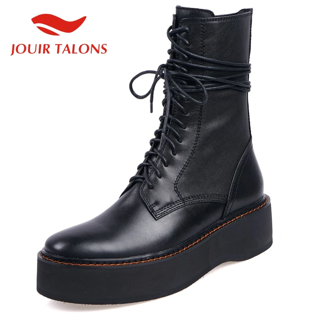 

JOUIR TALONS/обувь высокого качества; Женские ботильоны из натуральной кожи с круглым носком и перекрестной шнуровкой на платформе; Однотонные о...