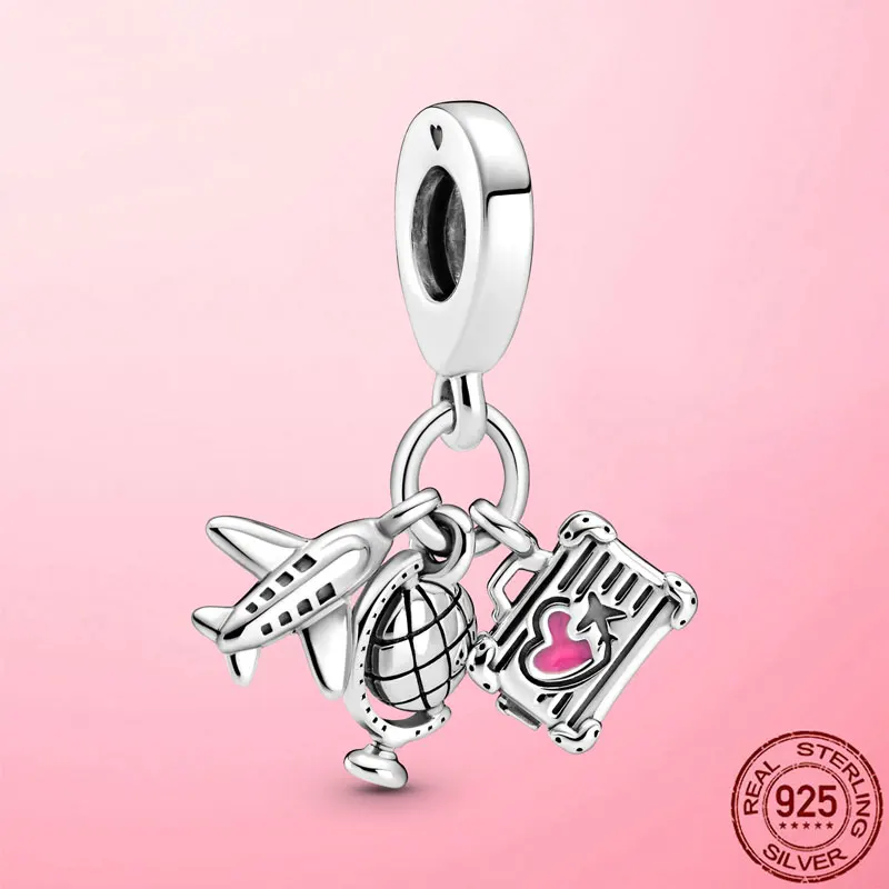 

Travel Beads 925 Sterling Silver Airplane Globe Luggage Charm Fit Original Pandora Bracelet DIY Jewelry Making Gift Fine Jewelry