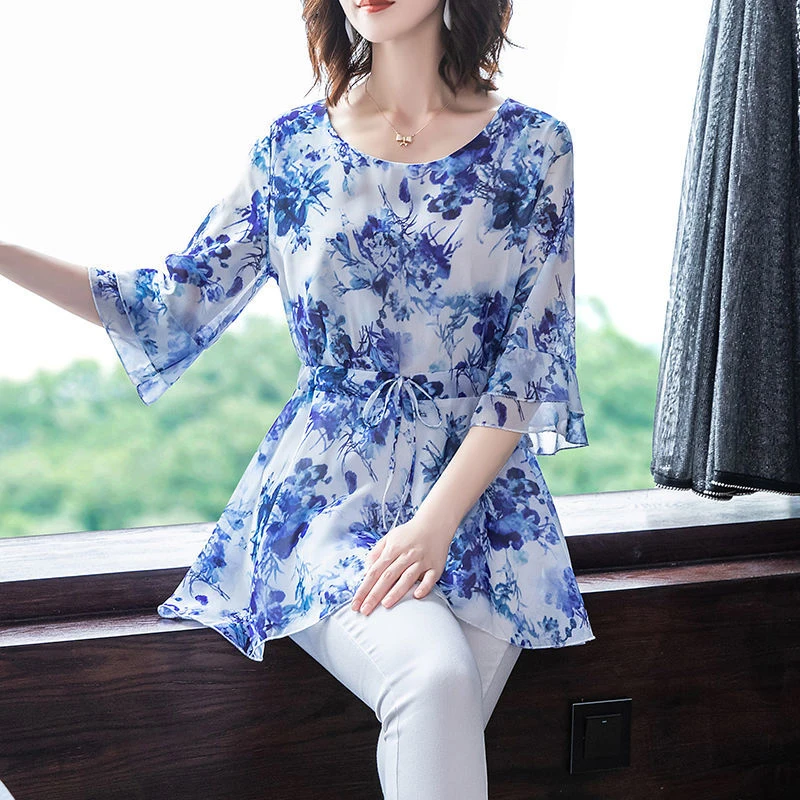 

Women Spring Summer Style Chiffon Blouses Shirt Lady Casual Short Sleeve O-Neck Solid Print Women's Casual Loose Tops