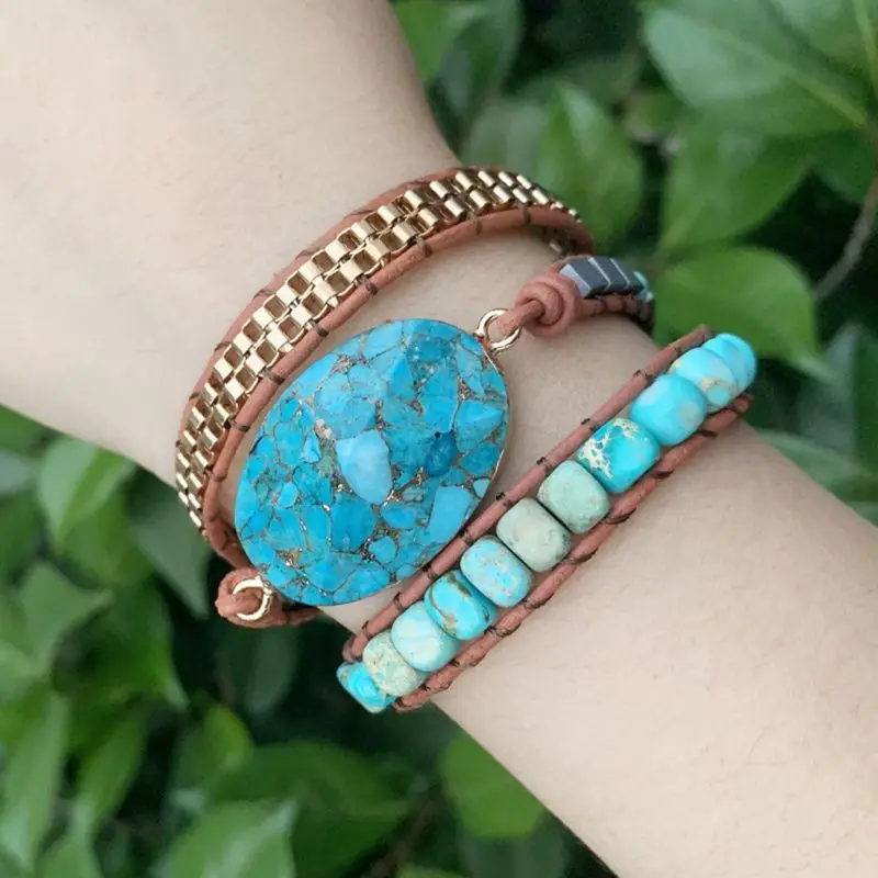 

Handmade Natural Stones Turquoises Charm 3 Strands Wrap Bracelets Boho Crystal Hematite Bead Mix Women Leather Bracelet