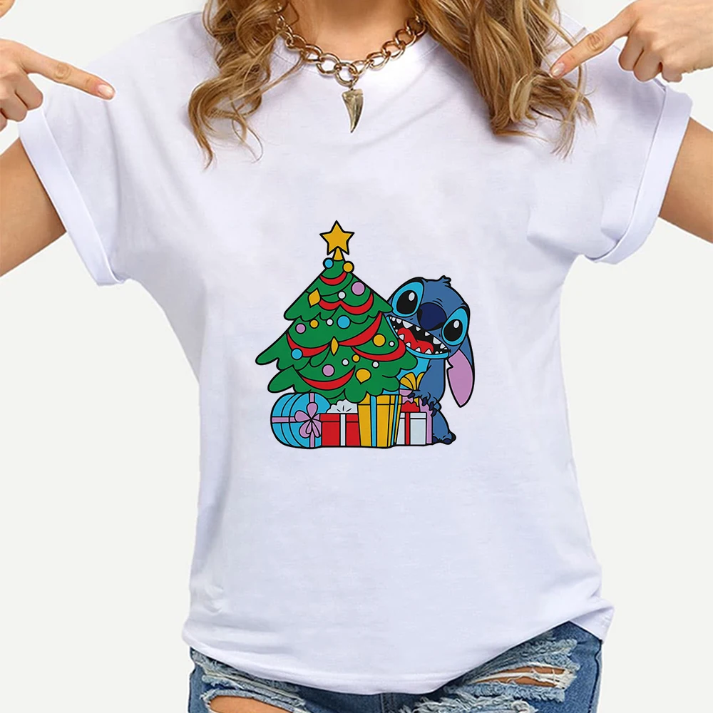 

Merry Christmas Stitch Tees Festival New Creative Women Clothes Lilo Stitch Ohana Tops Y2k Fashion Female Shirt Disney Brand