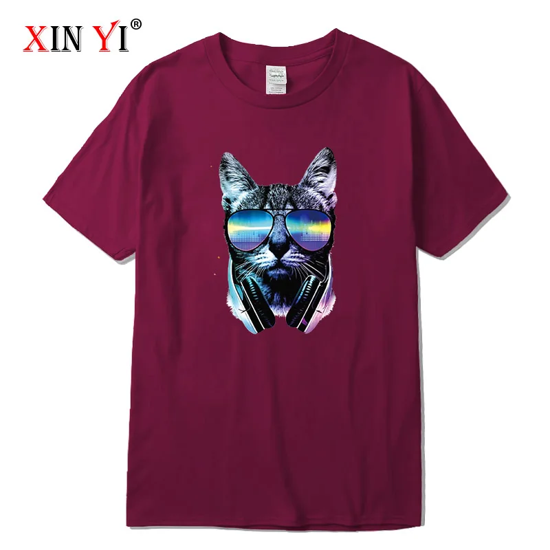 XIN YI Men's T-shirt High Quality 100% Cotton Short Sleeve T-Shirt DJ cat printing o-neck t-shirt casual hip hop for men | Мужская