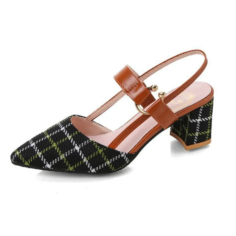 

2021 Women Thick-heeled Hollow Sandals, One Word Buckle High-heeled Shoes, Shallow Mouth Plaid Pointed Mid-heel Women's Shoes