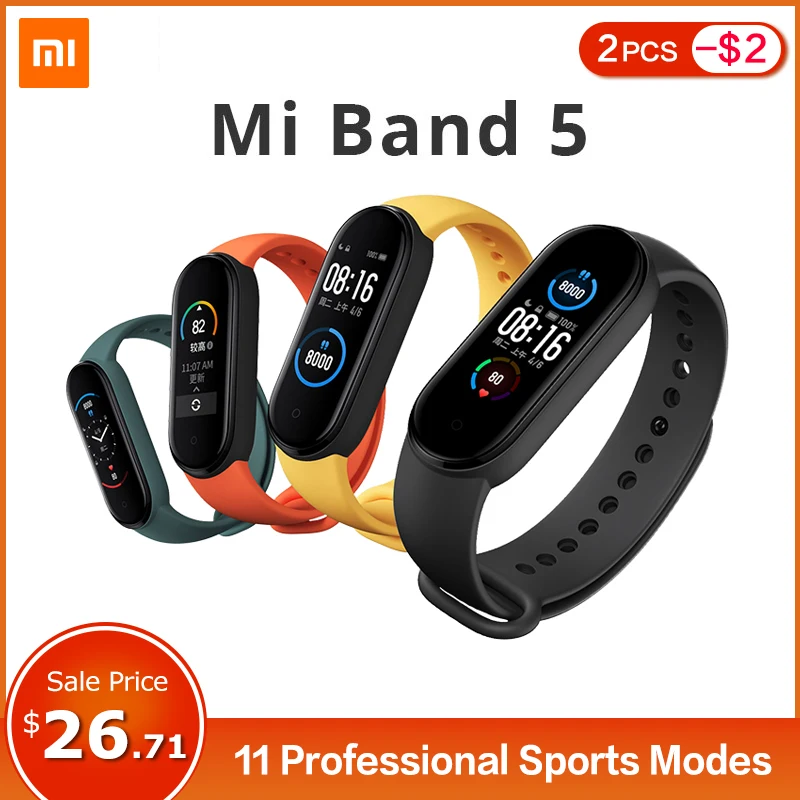 Оригинальный Смарт браслет Xiaomi Mi Band 5 цветной дисплей AMOLED 1 дюйма пульсометр