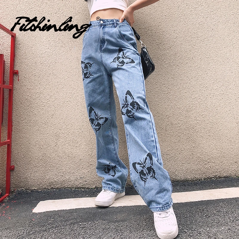 

Fitshinling Goth Printed Butterfly Vintage Denim Pant Distressed Loose Pants Gothic Grunge Dark Trousers Street Style Straight