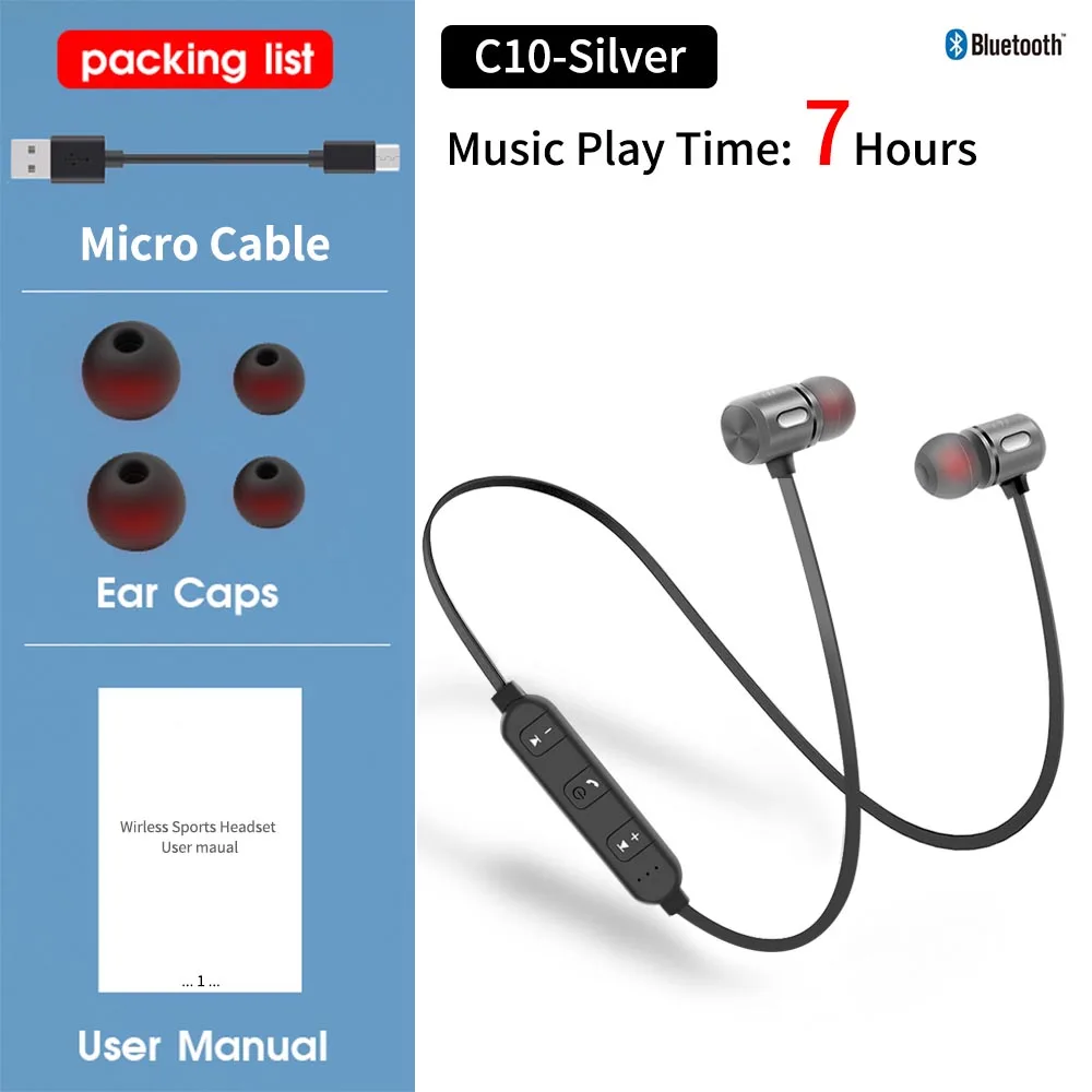 FBYEG, C10 BC10 беспроводные Bluetooth наушники, стерео наушники, Спортивная Bluetooth гарнитура, наушники, магнитный наушник с микрофоном для телефона - Цвет: C10-Silver-7h