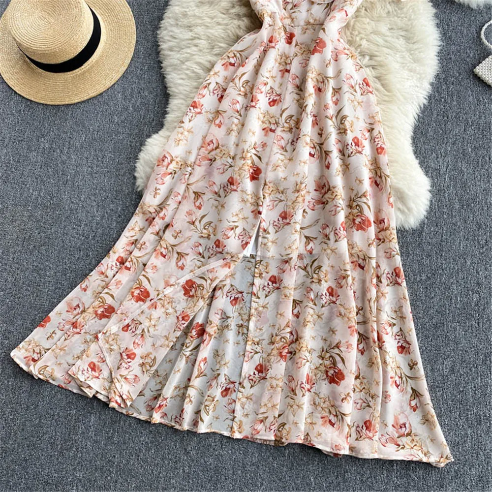 

Women Floral Split Sling Dress Summer Chiffon Beach Holiday Strap Long Dresses Fashion Casual Sundress Gown Female Clothing 2021