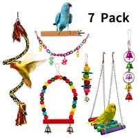 swing toy hanging bell ladders climbing natural bird toys pet supplies 7 piece set standing stick string with bells rope bridges