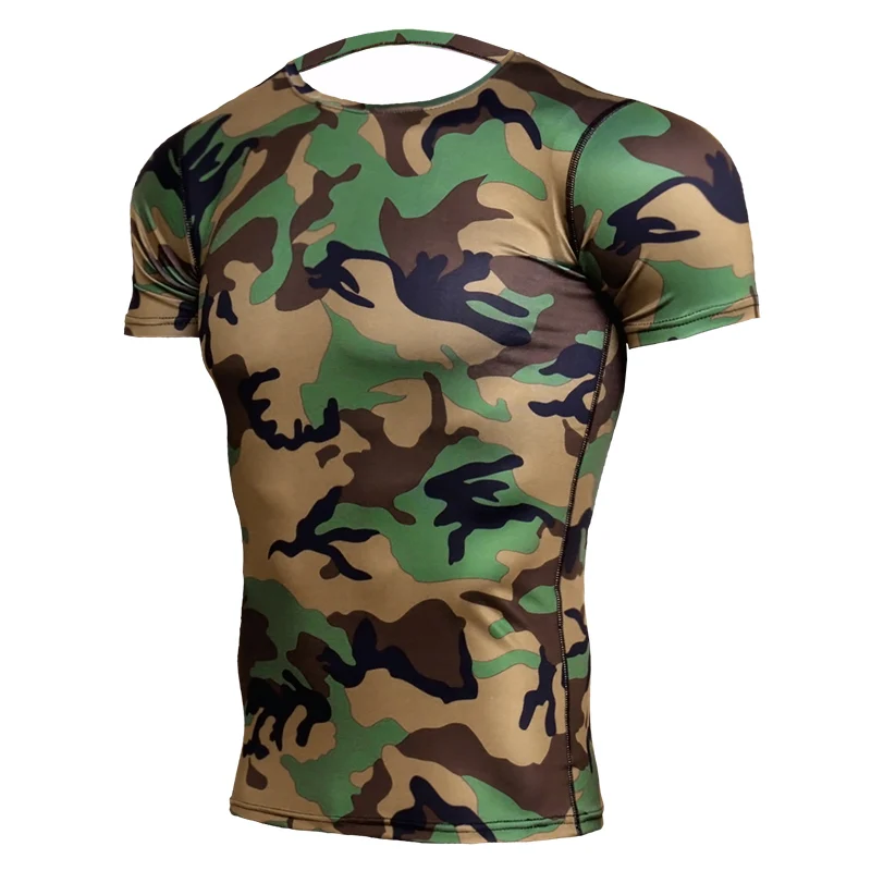 Camouflage Short Sleeve T-shirt Mens Running Compression Sport Shirt Men Dry Fit Breathable Rashgard Man Gym Fitness Tights MMA | Спорт и