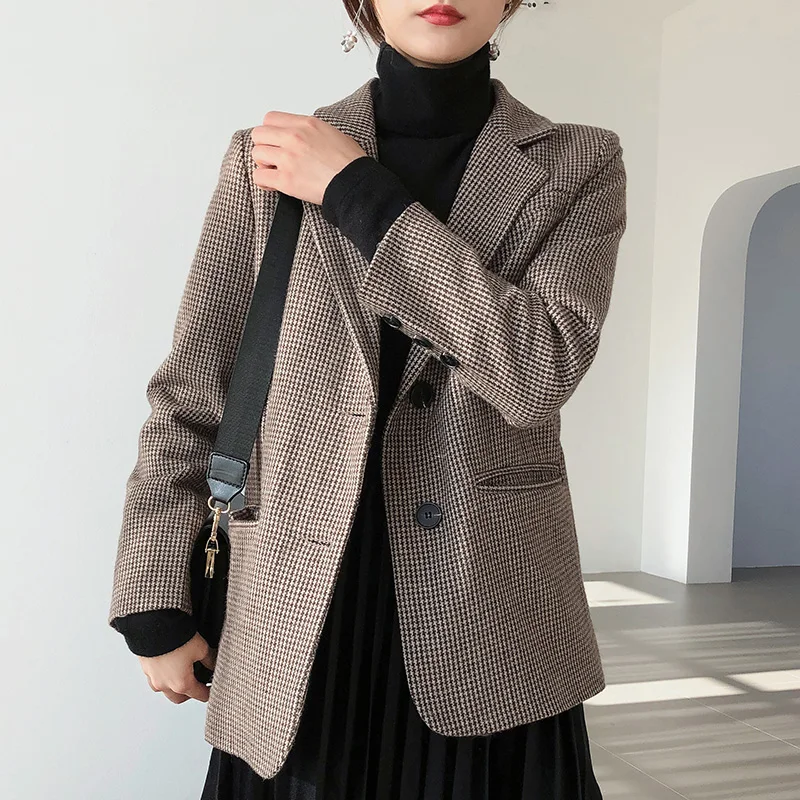 2019 Женская осенне-зимняя винтажная свободная шерстяная твидовая бейзер кофта