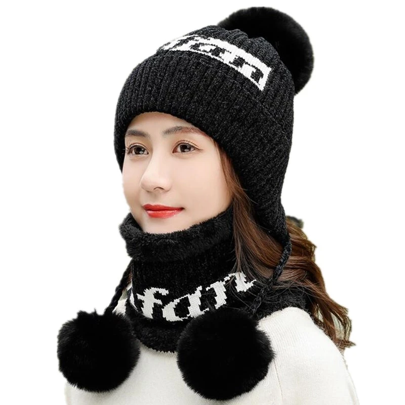 Зимние женские вязаные шапки и шарф с помпоном Женская плотная шапка 2 шт. зимние
