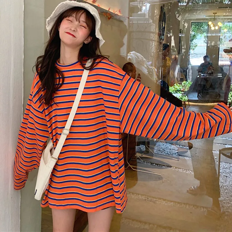 Женская Винтажная футболка в полоску осенняя свободная с длинным рукавом