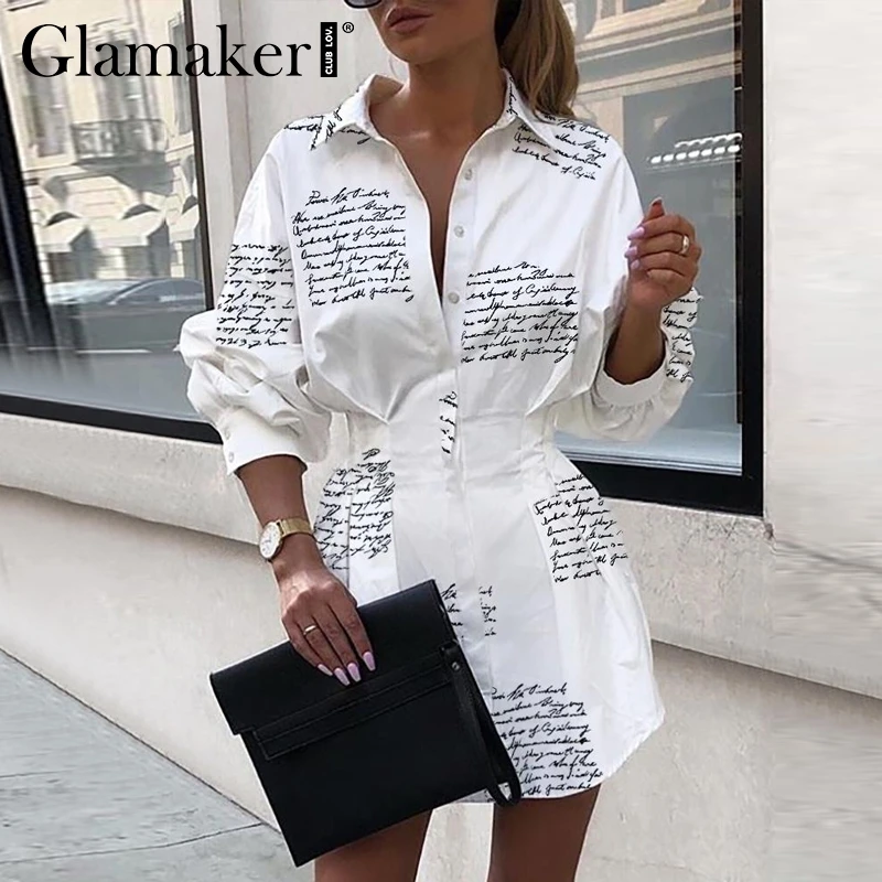 Женское Короткое платье рубашка Glamaker белое Клубное с буквенным принтом вечерние