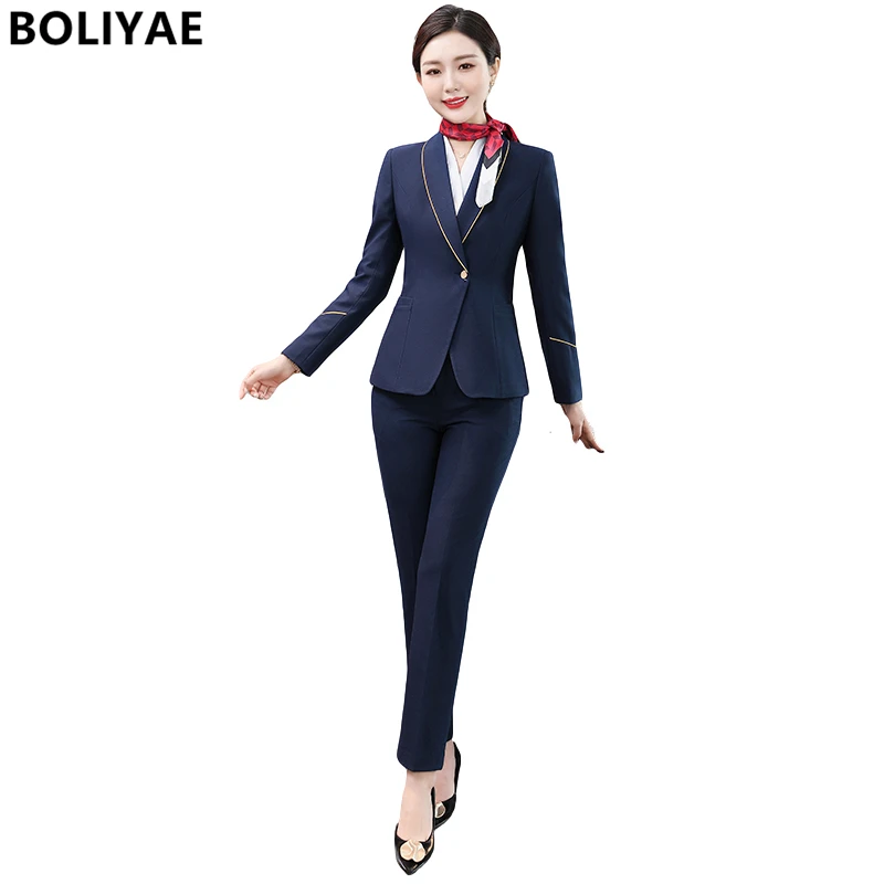 Boliyae New Spring and Autumn Professional Pants Suit Women's Long Sleeve Blazers Work Clothes Set Woman Tow Piece Set Formal