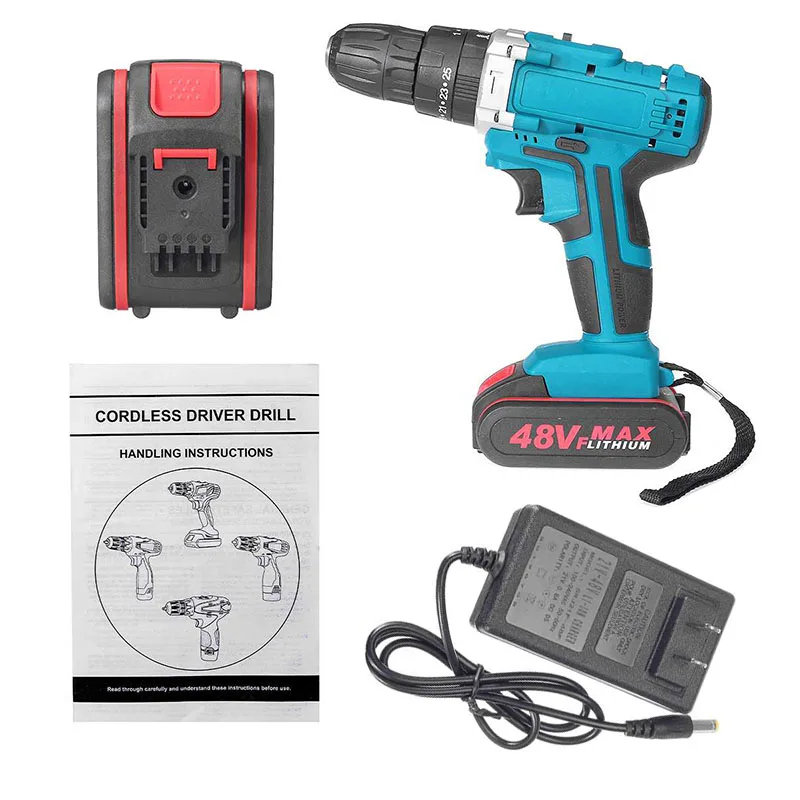 

25+3 Torque 48V Cordless Electric Impact Drill Li-ion Battery LED Working Light Screwdriver DIY Home Hand Flat Drill Power Tools