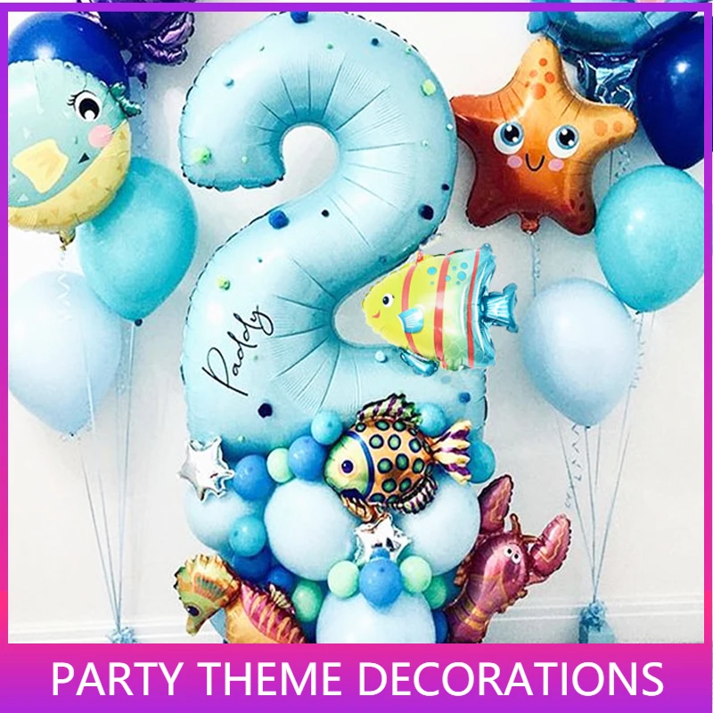 

44pcs Under Sea Ocean World Animal Balloons Blue number balloon Sea Party Theme Kids happy Birthday Party Decoration Baby Shower