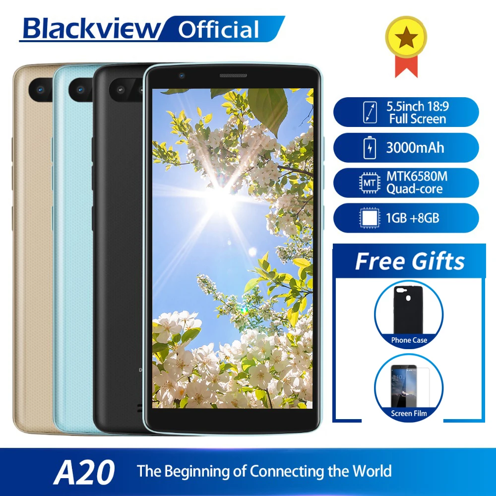 Смартфон Blackview A20, 1 ГБ ОЗУ, 8 Гб ПЗУ, четырехъядерный процессор MTK6580M Android GO, 5,5 дюймов, 18:9 экран, 3G, двойная камера, мобильный телефон