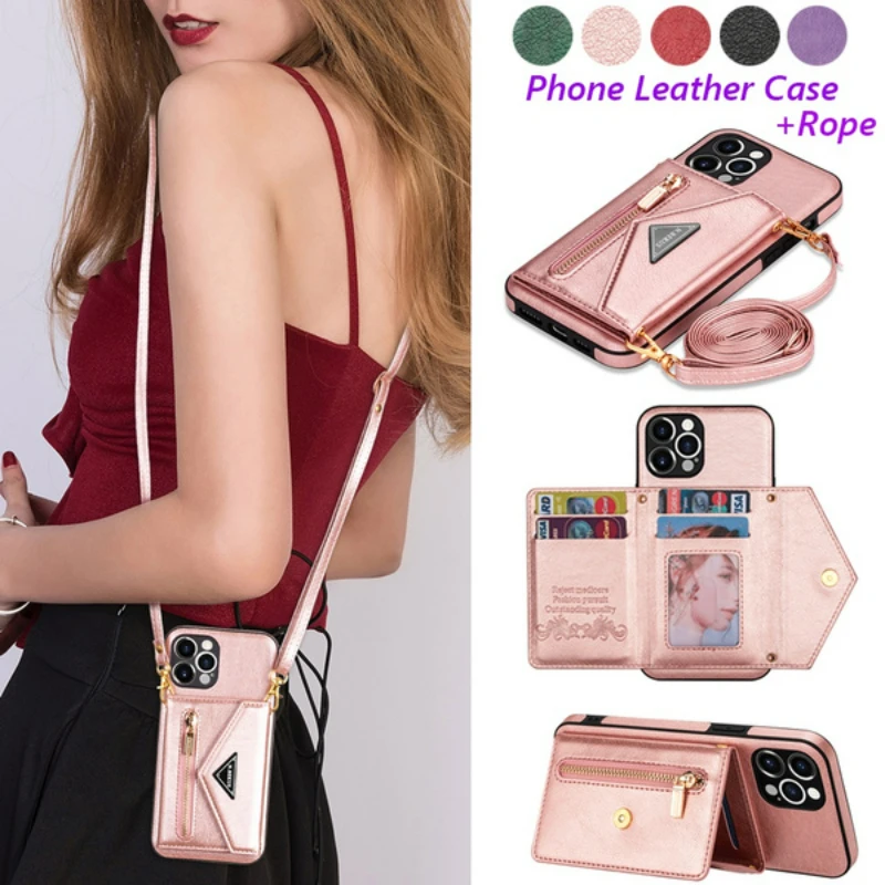Women Phone Crossbody Strap Lanyard PU Leather Wallet Card Holder Phone Case for iPhone Samsung Necklace Chain Card Bag
