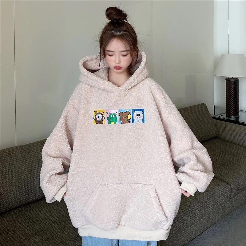 

Cartoon Embroidery Hoodies Sweatshirts Women Hooded Loose Vintage Oversized Faux Lamb Wool Pullovers Autumn Winter Korean X800