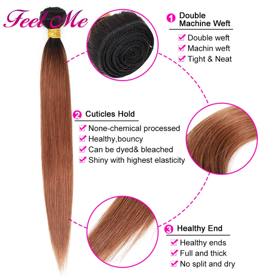 Ombre Indian Hair Straight 1B/30 Human Weave Bundles Deal Two Tone M Non-Remy 3/4 Pcs Weft Extensions 8-26 Inch | Шиньоны и парики