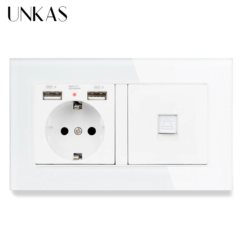 UNKAS розетка европейского стандарта с 2 USB портами для зарядки + 1 Gang RJ11 ядерный